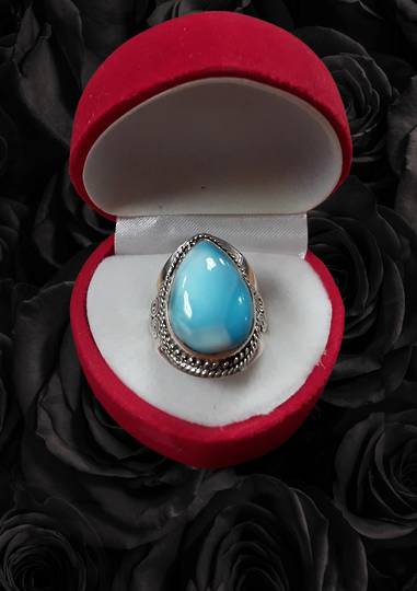 Tear Drop Larimar in Wide Band Ring